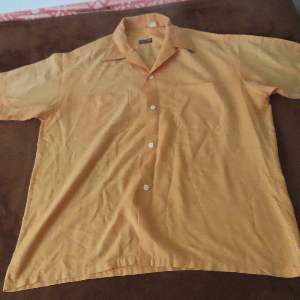 vintage 50s 60s permanent press unbranded loop collar shirt orange L 16-16.5